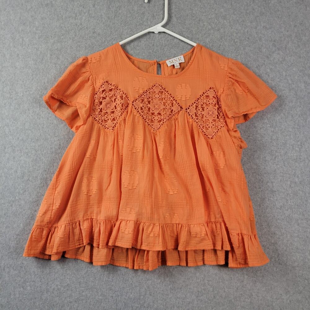 MNK 100% Cotton Orange SS Embroidered Babydoll Blouse Women's Large Lined